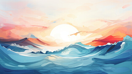 Illustration oil painted picture of Pink sunset on a blue ocean waves, landscape with the evening sea, Oil Painting, pictorial art