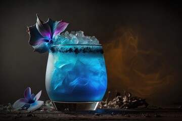 Closeup glass of blue kamikaze cocktail decorated with ice. Smoke at the background. Generative Ai