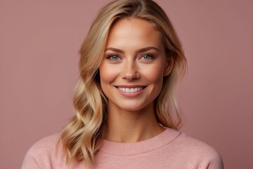 Close-up portrait of a happy smiling young blonde woman looking at the camera on a pink background.