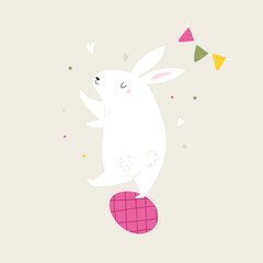 Easter greeting card with funny rabbit, bunny dancing at painted, decorated egg.