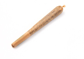 Single marijuana joint with unbleached paper, isolated on white