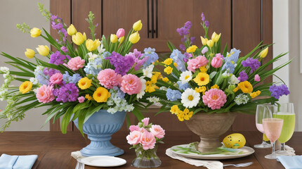 spring flowers and easter eggs
