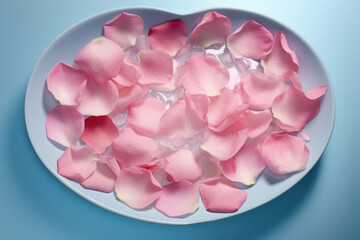 Rose petals floating in the water of a heart-shaped bowl.