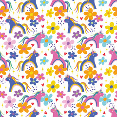 Seamless pattern with unicorns. Cute childish repeated texture with fairytale animals. Cartoon unicorns. Fantasy print for kids clothing and fabric. Rainbow unicorns background. Girlish colorful print