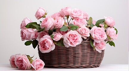 Realistic Basket of pink roses on a white background with buds