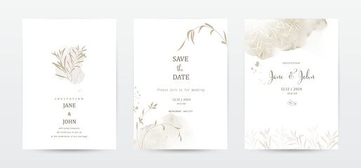 Fototapeta na wymiar Botanical leaves watercolor wedding invitation template cards set