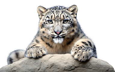 Obraz premium Silent Majesty: A Snow Leopard Resting on a Rocky Surface Isolated on Transparent Background PNG.