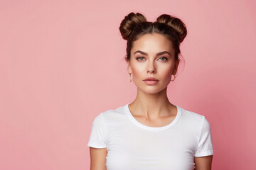 Close-up portrait of an attractive charming young woman wearing a white T-shirt and looking at the camera on a pink background with a copy space. A banner for advertising.