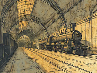 Fototapeta na wymiar Victorian steampunk railroad sketch