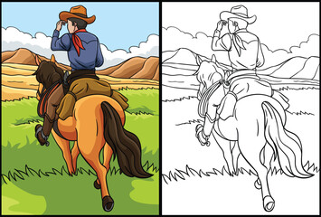 Cowboy Horseback Riding Coloring Page Illustration