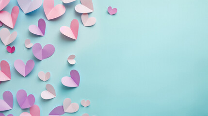 Valentine's day background with paper hearts on blue background. - obrazy, fototapety, plakaty