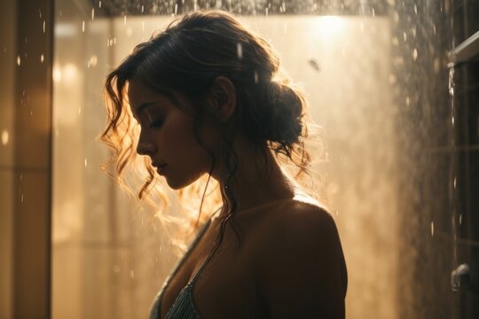 Close-up side view of a beautiful young woman with her eyes closed under the pressure of water in the shower. Silhouette photo from the Copy space.