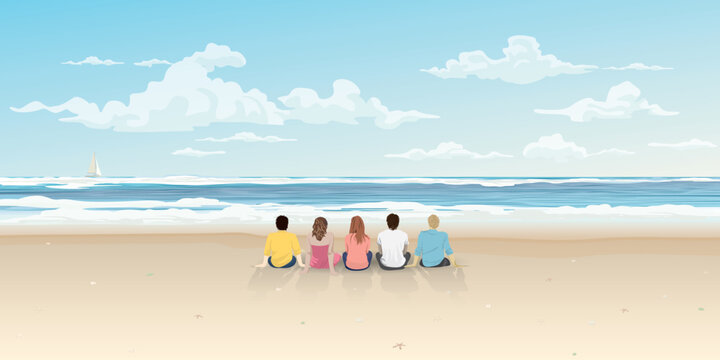 Group of friends sitting together on the beach with blue sky background vector illustration. Friend's travelling concept have blank space.