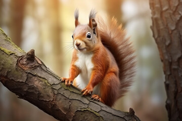 Naklejka na ściany i meble Red squirrel, Sciurus vulgaris, sitting on a tree branch looks around curiously