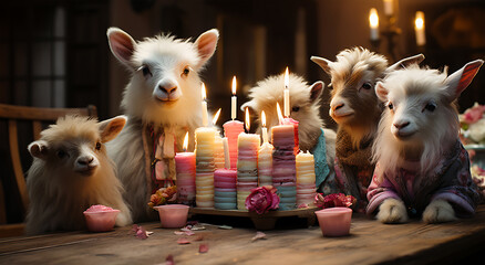 View of with birthday celebration and cake and candles in a house with goat friends