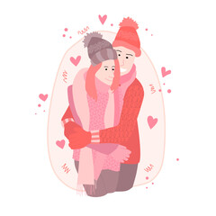 Vector illustration in flat style of loving people hugging in warm sweaters with drawings. Vector illustration for Valentine's Day and Hug Day