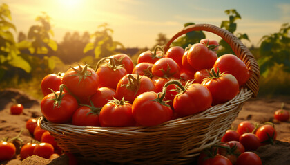 Recreation of red tomatoes harvested in a basket	at sunset