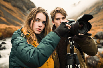 A young couple engaged in photography against a majestic mountain landscape during autumn, exploring nature's beauty.