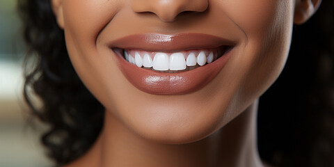 Portrait of the lower face of a young African American woman with perfectly healthy white teeth. Close-up image. Model with well-groomed skin. Dentistry, teeth whitening and treatment, beauty, veneers