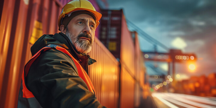 Arbeiter in Warnweste steht am Frachthafen