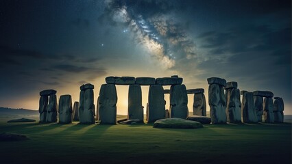 Stonehenge at night with moonlight and stars sky background photo