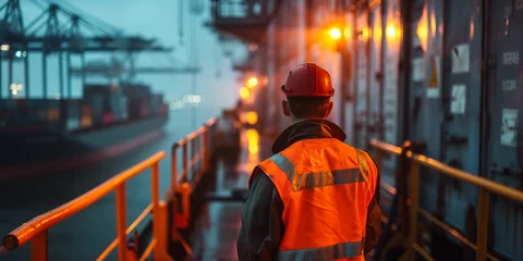 Foto op Plexiglas Arbeiter in Warnweste steht am Frachthafen © stockmotion