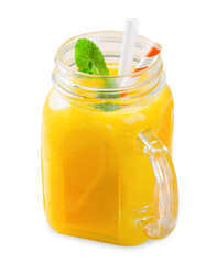 Orange Smoothie in a Jar, Vitamin Drink or Refreshing Cocktail on White Background
