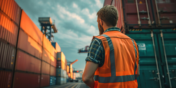 Arbeiter in Warnweste steht am Frachthafen