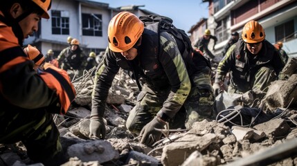 Obraz premium Rescue teams are at the site of the collapsed building damage view. AI generated image