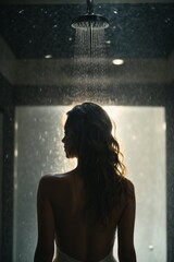Rear view of the silhouette of a beautiful slender woman in the shower
