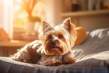 Portrait of older Yorkshire terrier. Small dog is resting on the sofa in apartment in morning sun. Devoted look into the camera, real emotions of pet. Yorkshire Terrier with on-classic haircut.