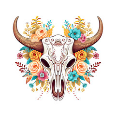 Boho Floral Cow Skull isolated on White Background for Tshirt Design