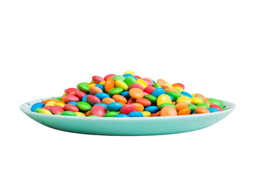 Multicolored candies in a bowl on a colored background. birthday and holiday concept. Top view with copy space