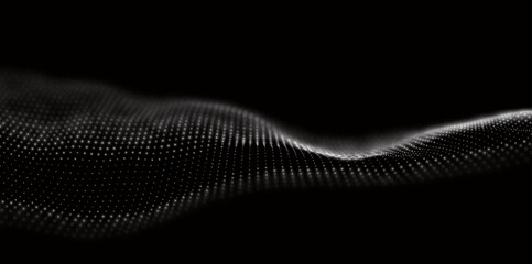 Dynamic white particle wave. Abstract sound visualization. Flow digital structure. Mesh landscape or grid data technology.