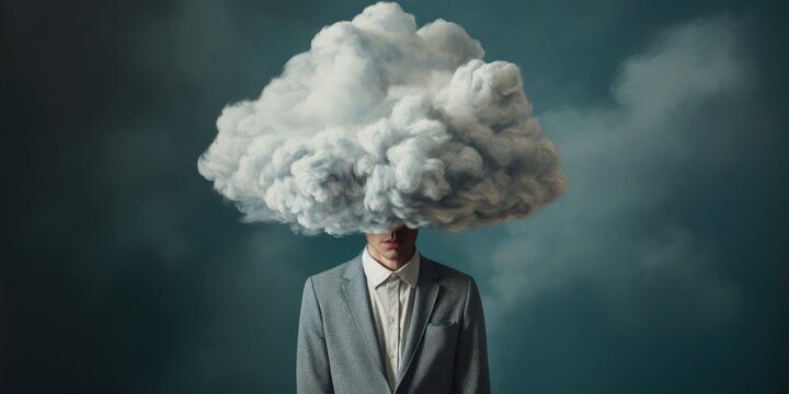 A man with his head in a cloud. Theme of depression, loneliness and mental health. Generative AI