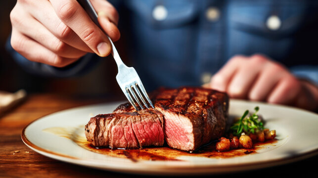 Man eating a steak with a fork