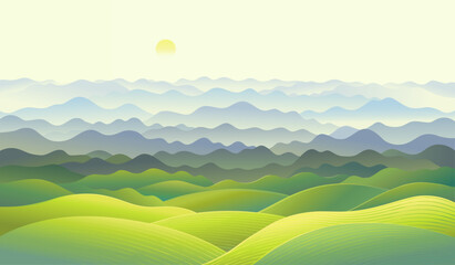 Obraz premium Hilly landscape with a panorama of mountain ranges in the fog. Vector illustration.