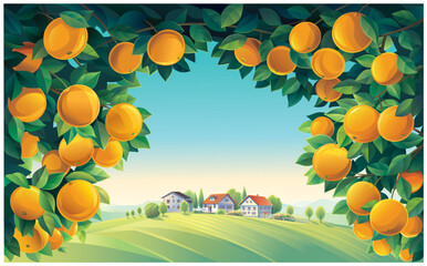 Illustration of a rural scenery, with orange tree branches in the foreground, and a villages in the background. Vector illustration. - obrazy, fototapety, plakaty