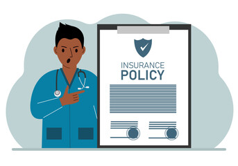 Naklejka premium Male doctor next to the insurance policy.