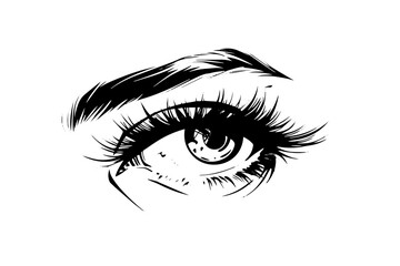 Woman cute eyes hand drawn ink sketch. Engraved style vector illustration. - obrazy, fototapety, plakaty