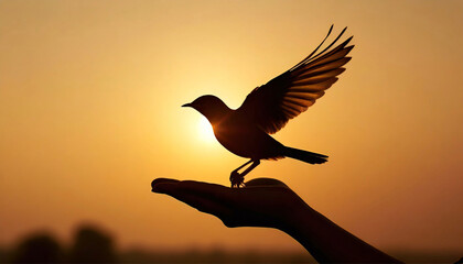 hand free bird fly on hand at nature on sunset background