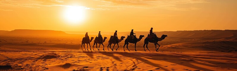 Camels in desert. Banner