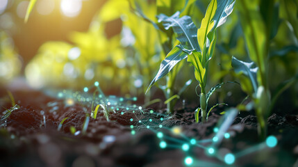 Futuristic farming: Plant with holographic data overlays in field - obrazy, fototapety, plakaty