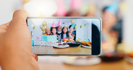 Happy birthday, camera and phone screen for family photo, celebration or memory together at home....