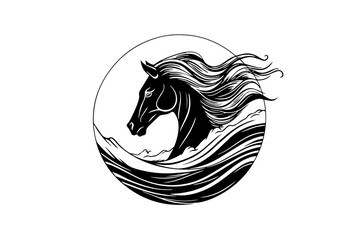 Black horse head logotype. Engraved style hand drawn ink sketch. - obrazy, fototapety, plakaty