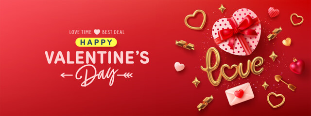 Valentine's day banner template with Heart Shaped Gift Box,golden text Love and  love 3D Icons.Vector of Valentine's day poster or banner.Greetings and presents for love or Valentine's day concept.