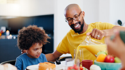 Black family, juice and parents with child for breakfast, lunch and eating together in home. Happy,...