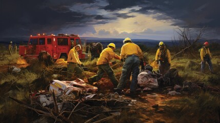 Rescue teams are evacuating victims in the outdoor area. AI generated image - obrazy, fototapety, plakaty
