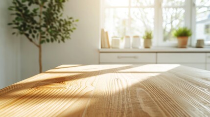 Sunlit Wooden Table in Contemporary Kitchen - obrazy, fototapety, plakaty