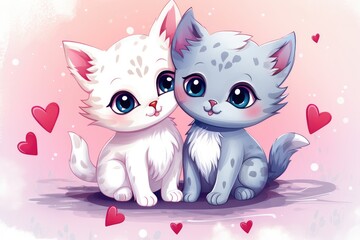 Two Adorable Cartoon Kittens Sharing Affectionate Moment in Heart-Filled Illustration